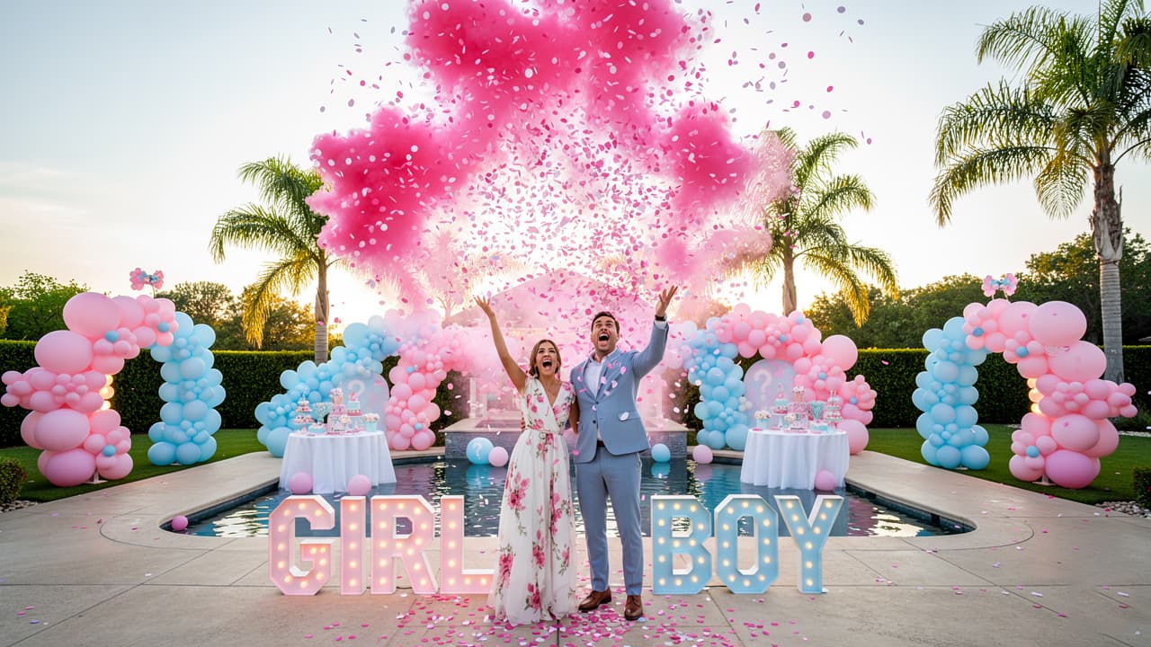Gender Reveal Party αποκάλυψη φύλου με μπαλόνια και κανονάκια καπνού