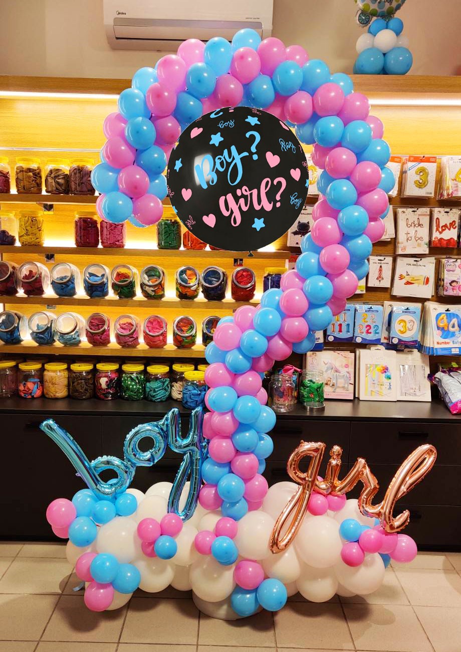 Gender Reveal κατασκευή ερωτηματικό με μπαλόνι μεγάλο γεμισμένο με κομφετί & μπαλόνια