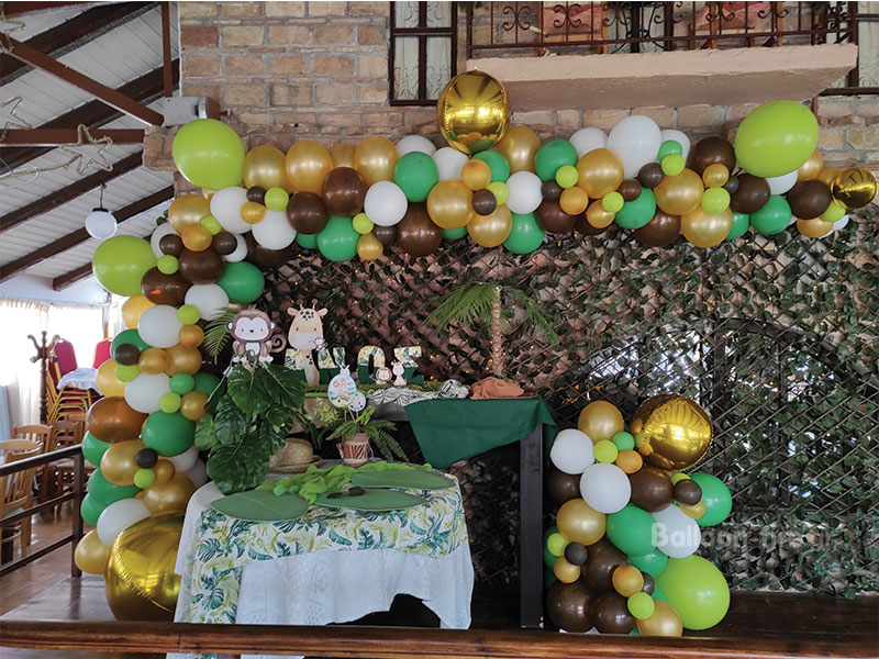 Αψίδα με μπαλόνια - Θέμα Ζούγκλα - Πράσινο-καφέ-λευκό-χρυσό